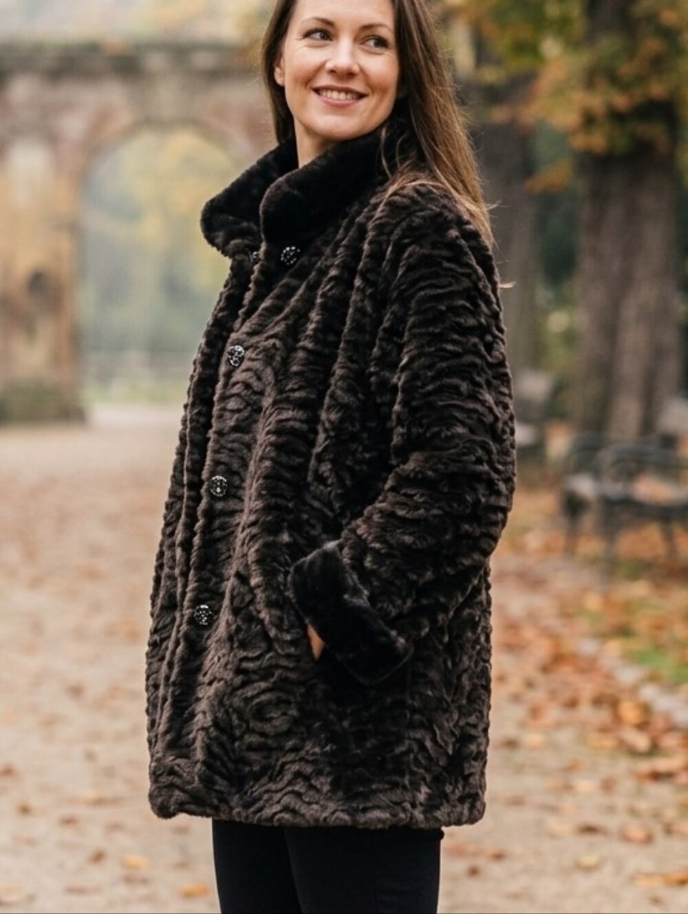 Vintage Novelti Faux Fur Swirl Coat Jacket Dark Brown Size 18